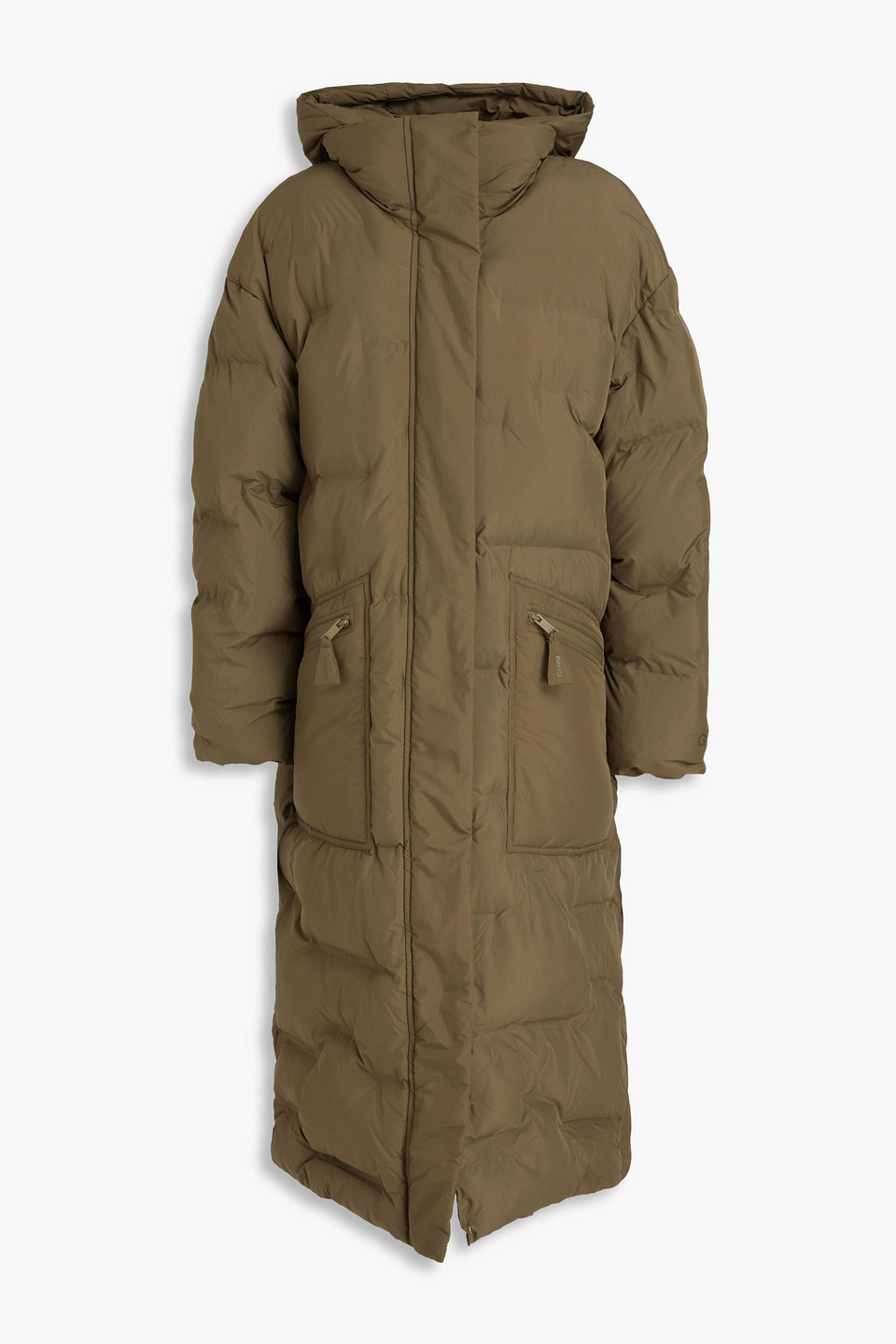 Ganni Quilted Shell Hooded Coat In Army Green