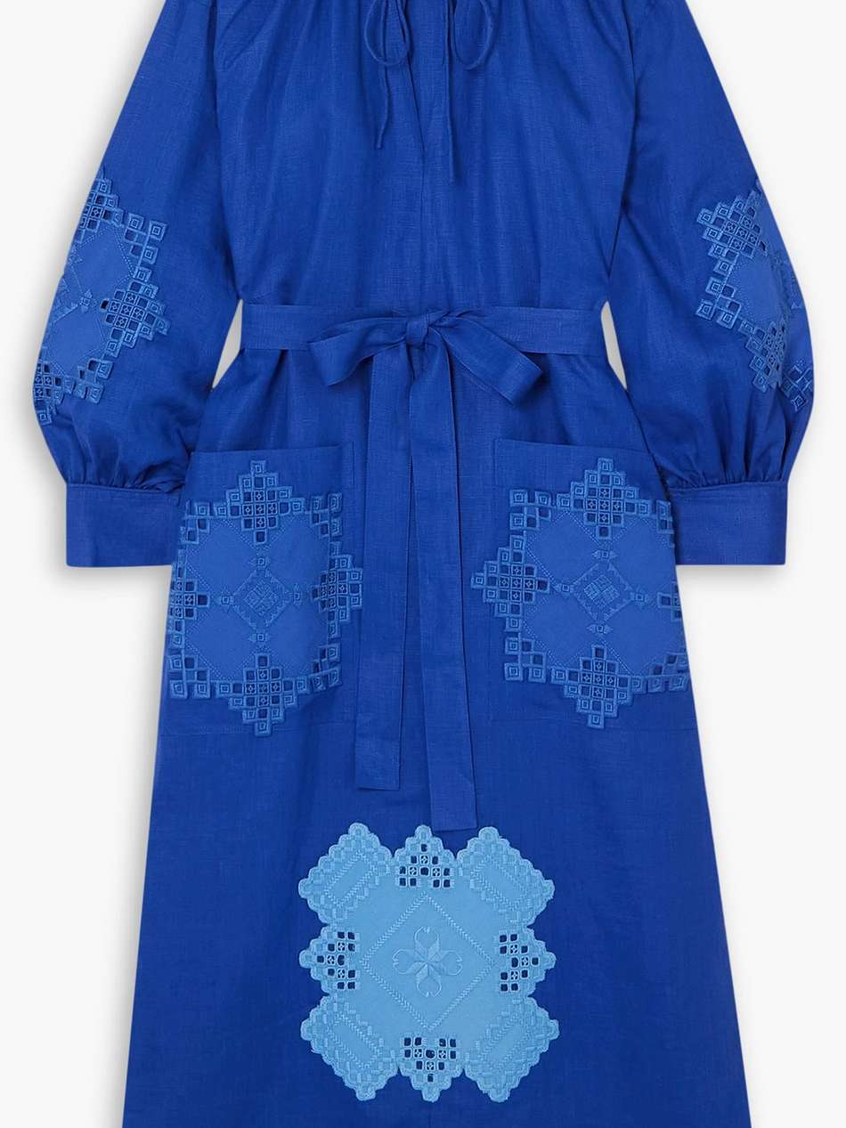 belted appliquéd linen midi dress
