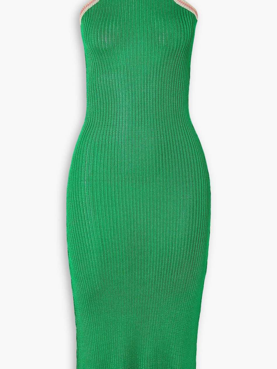 striped ribbed-knit midi dress