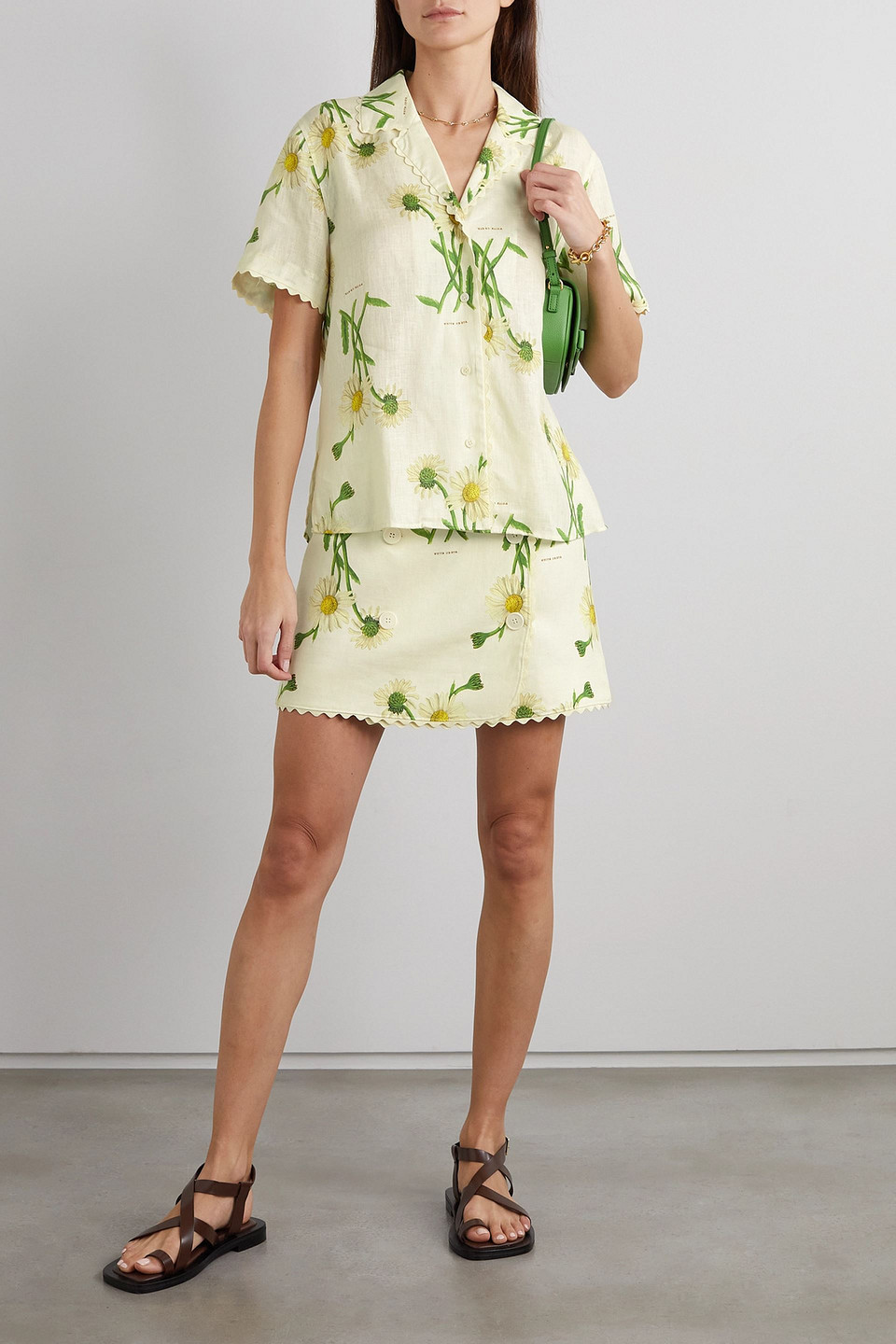 Oroton Field Daisy Wrap-effect Floral-print Linen Skirt In Pastel Yellow