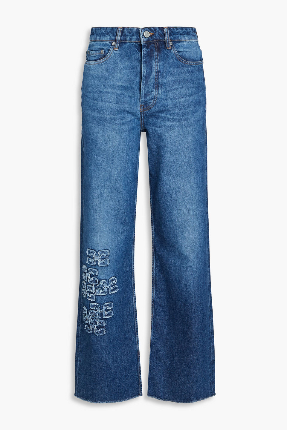 Ganni Appliquéd High-rise Straight-leg Jeans In Mid Denim