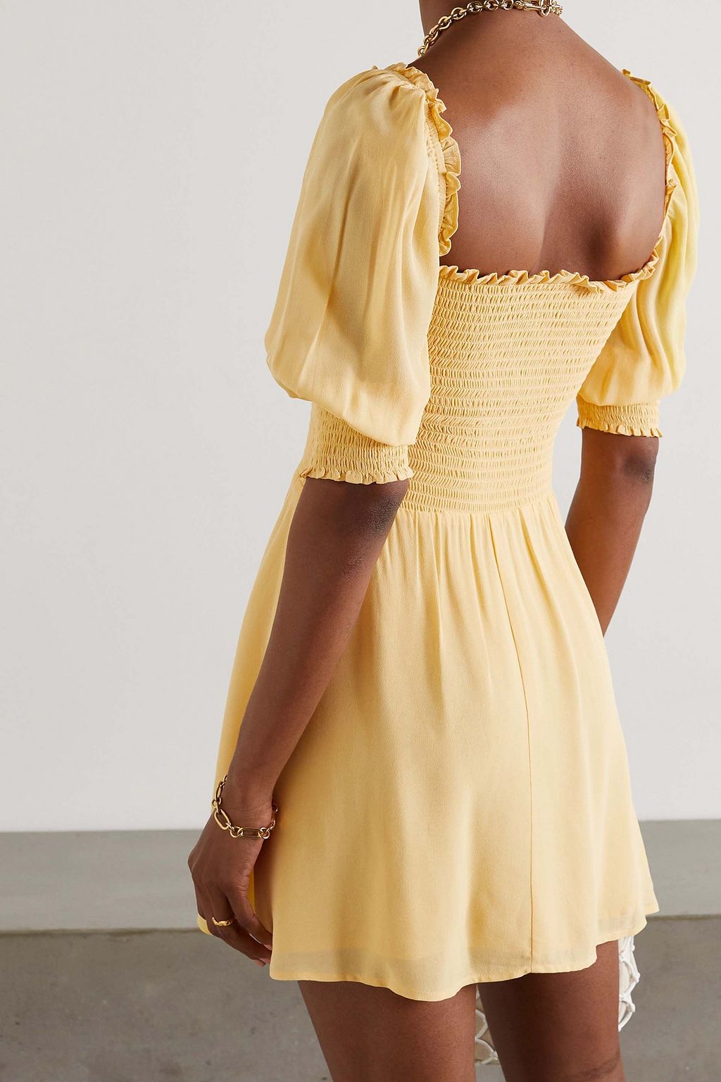 REFORMATION Elle ruffled shirred crepe mini dress THE OUTNET