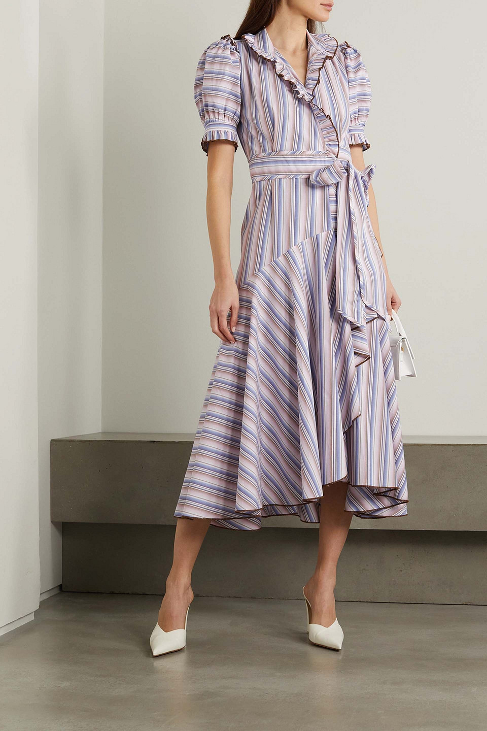 Anna Mason Stella ruffled striped cotton-poplin midi wrap dress | Smart  Closet