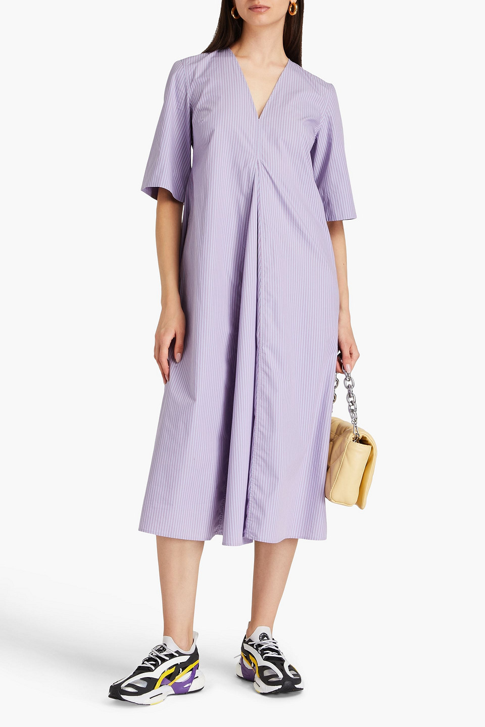 Ganni Striped Cotton-poplin Midi Dress In Light Blue
