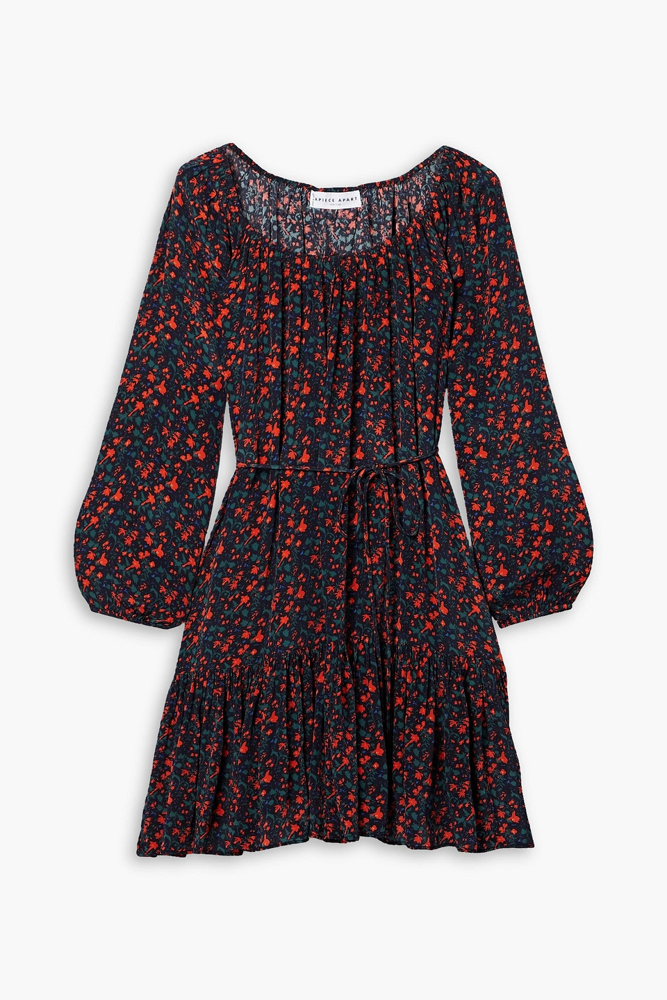 Apiece Apart Gathered Floral-print Crepe De Chine Mini Dress In Midnight Blue