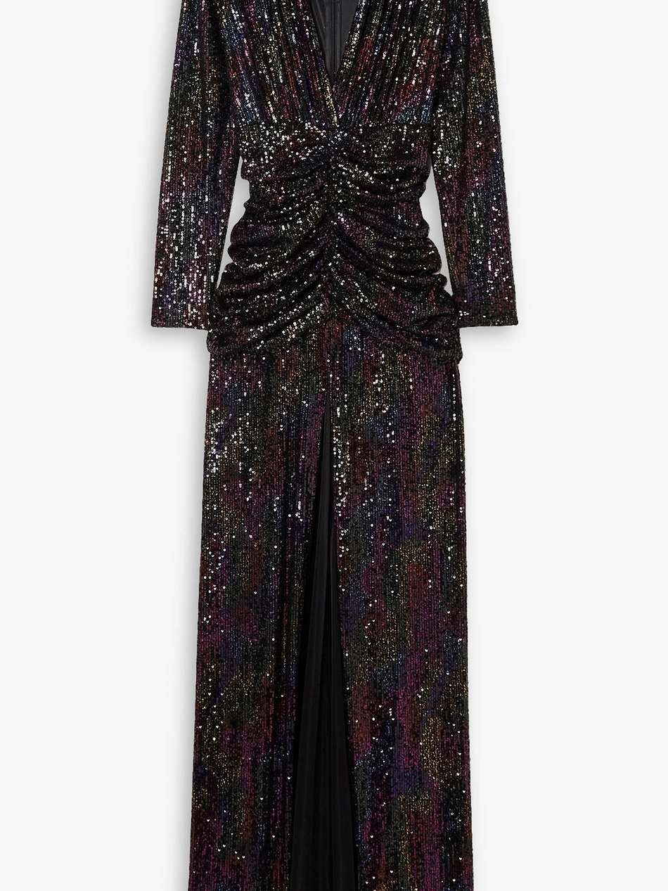 bria sequined ruched stretch-jersey gown