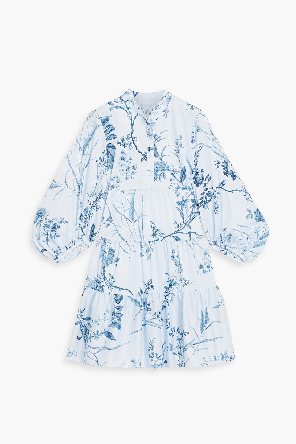 Erdem Tiered Floral-print Cotton-voile Mini Shirt Dress In Light Blue