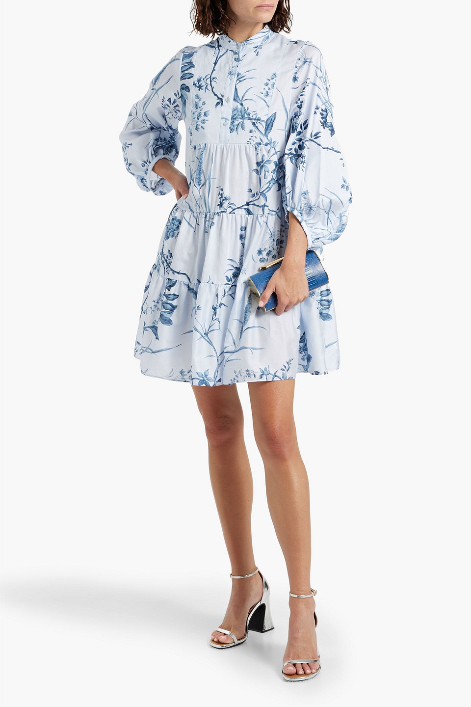 ERDEM TIERED FLORAL-PRINT COTTON-VOILE MINI SHIRT DRESS 