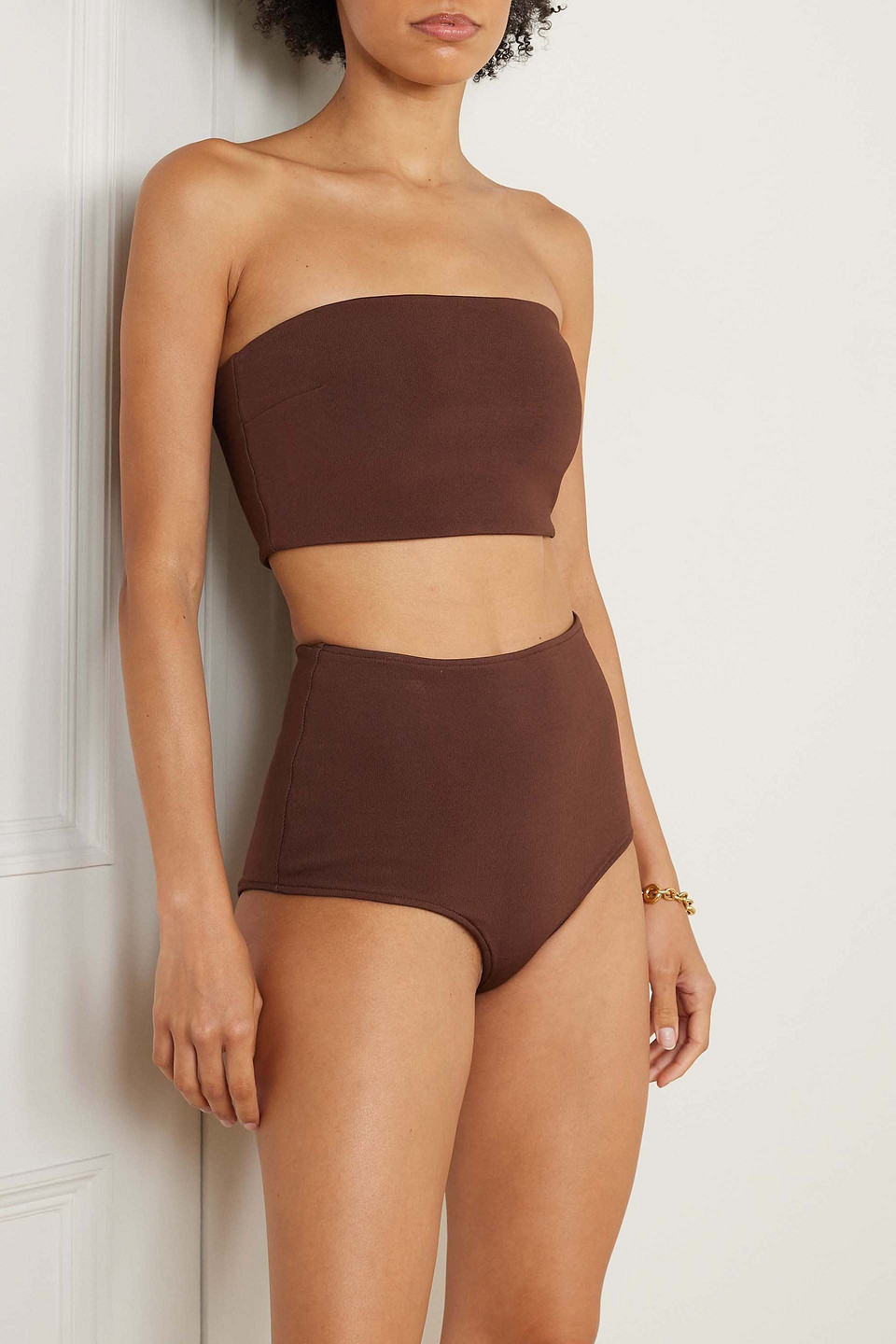 Esse Studios Strapless Cropped Ribbed Stretch-knit Top In Chocolate
