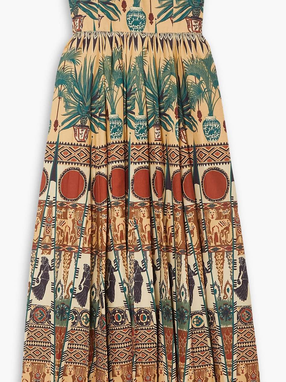 johanna strapless pleated printed cotton-twill midi dress