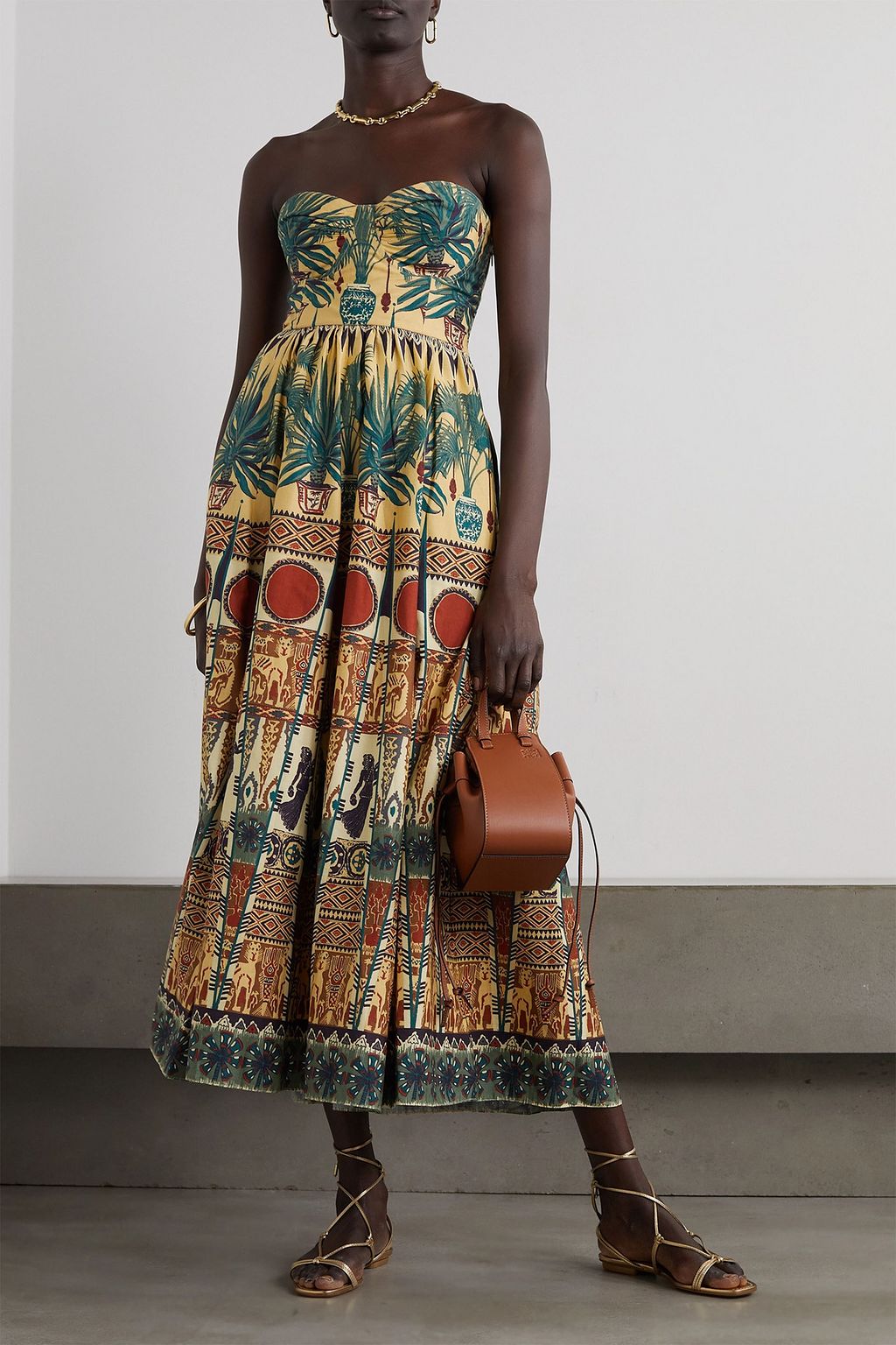 EMPORIO SIRENUSE Johanna strapless pleated printed cotton-twill midi dress