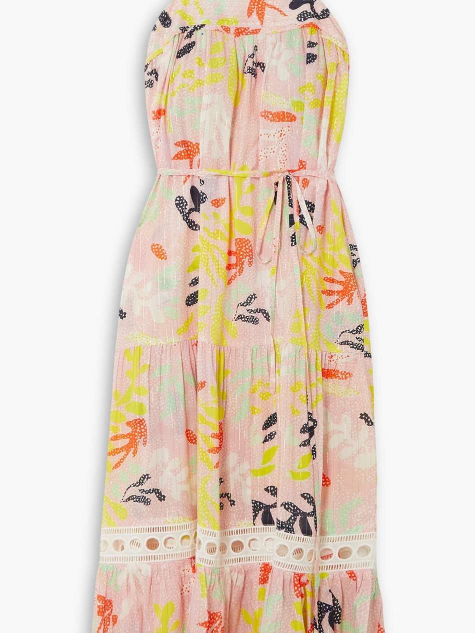 belted lace-trimmed tiered metallic printed lenzing ecovero midi dress