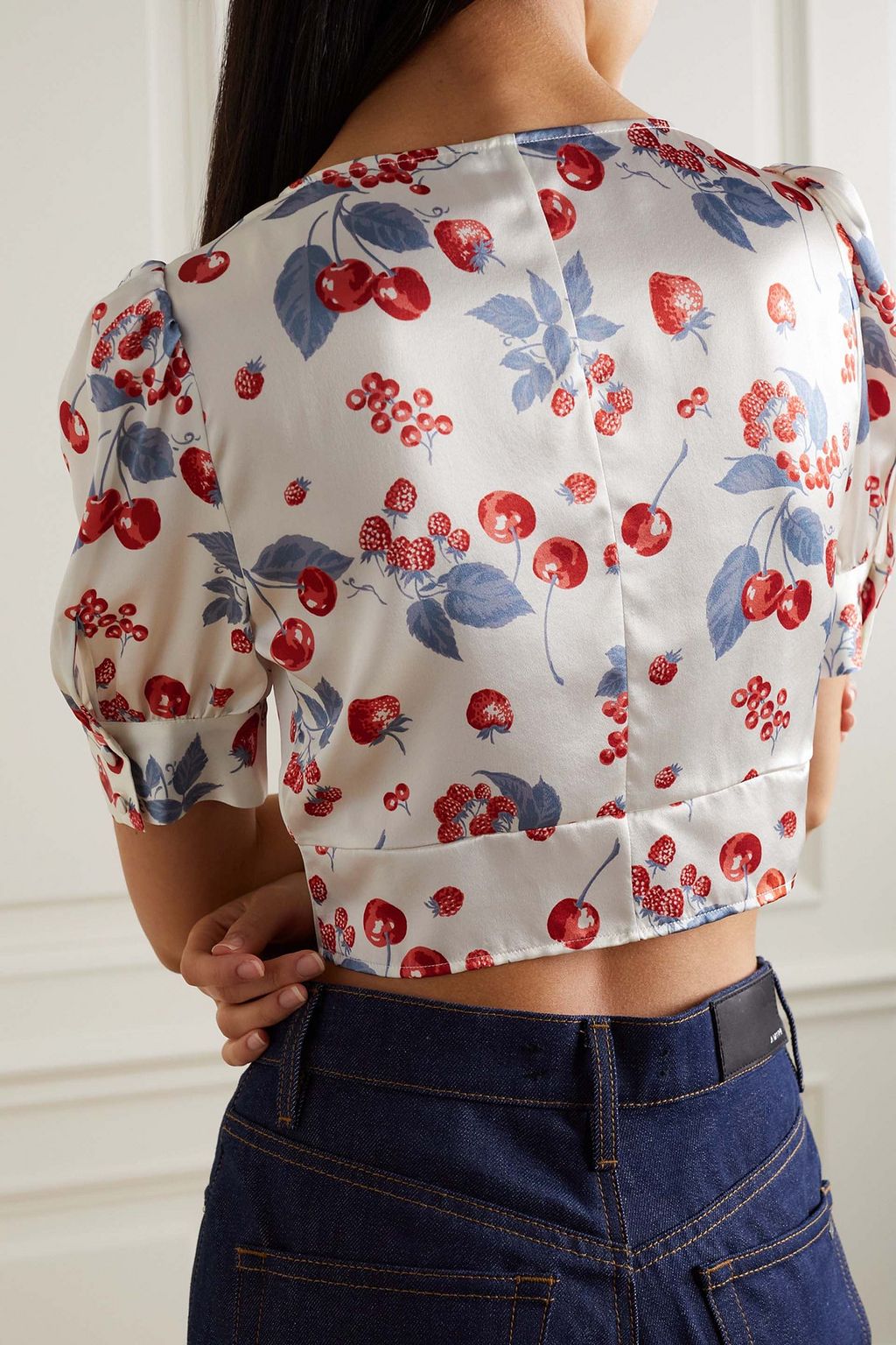 REFORMATION Mendez cropped printed silk-satin blouse