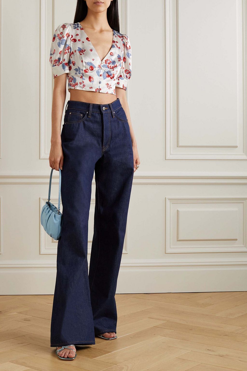 REFORMATION Mendez cropped printed silk-satin blouse