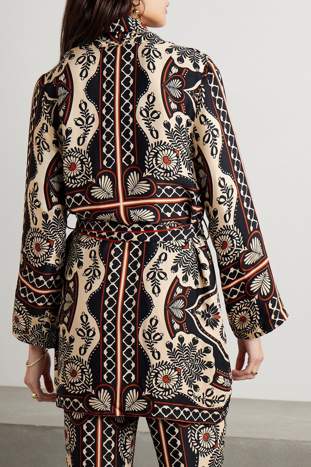 FARM RIO Belted printed satin-twill jacket