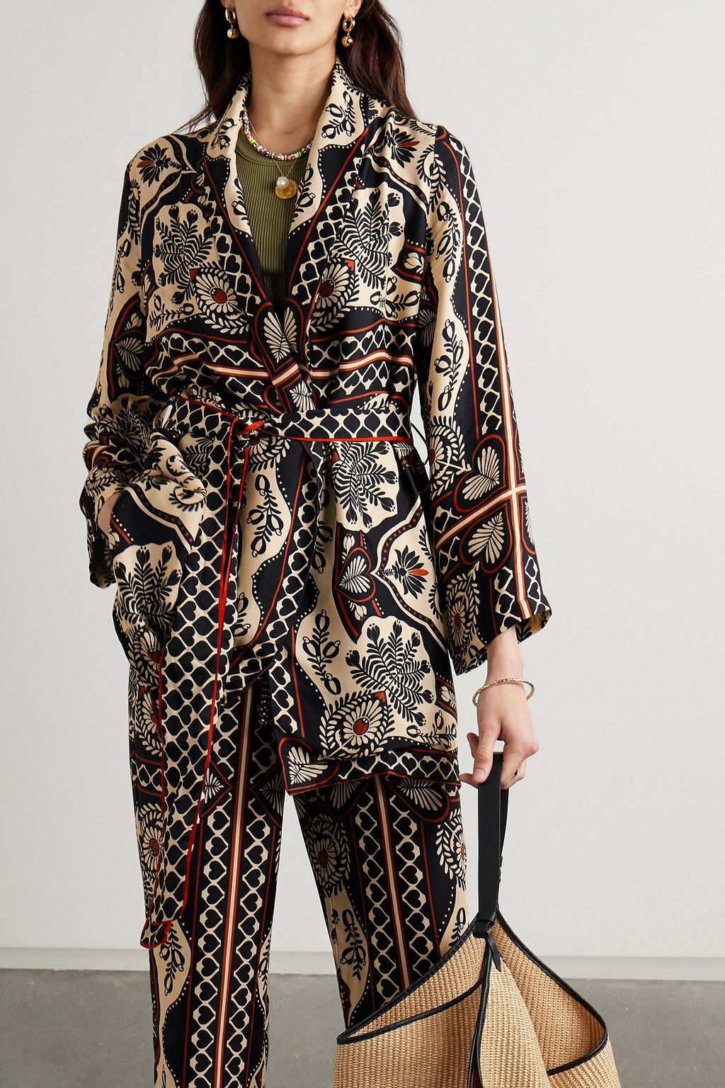 FARM RIO Belted printed satin-twill jacket