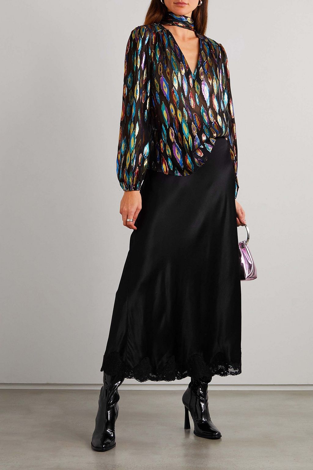RIXO Moss pussy-bow metallic fil coupé silk-blend chiffon blouse