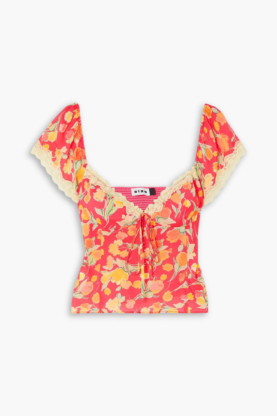 Rixo London Rosella Cropped Lace-trimmed Floral-print Crepe Top In Coral