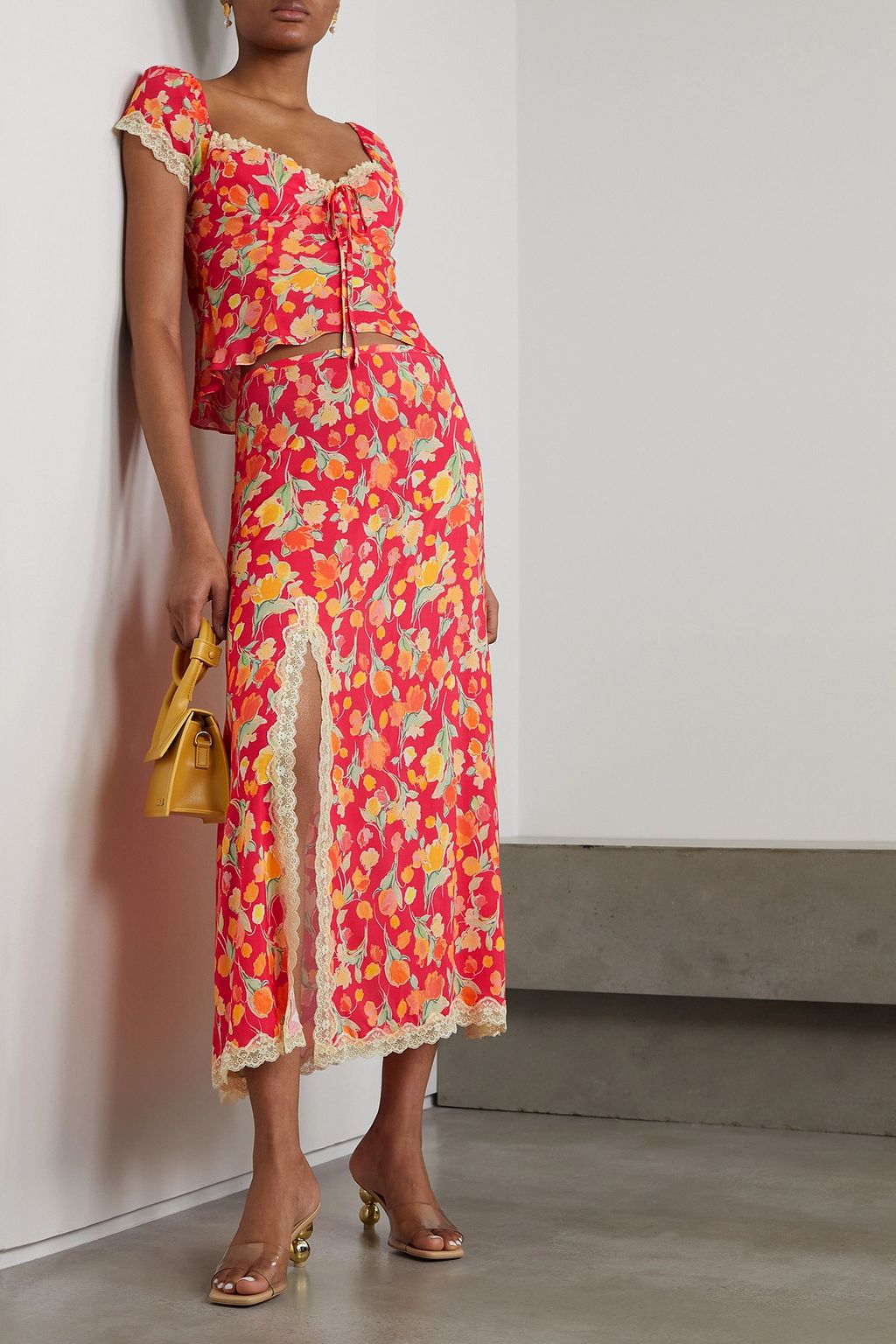 RIXO Rosella cropped lace-trimmed floral-print crepe top
