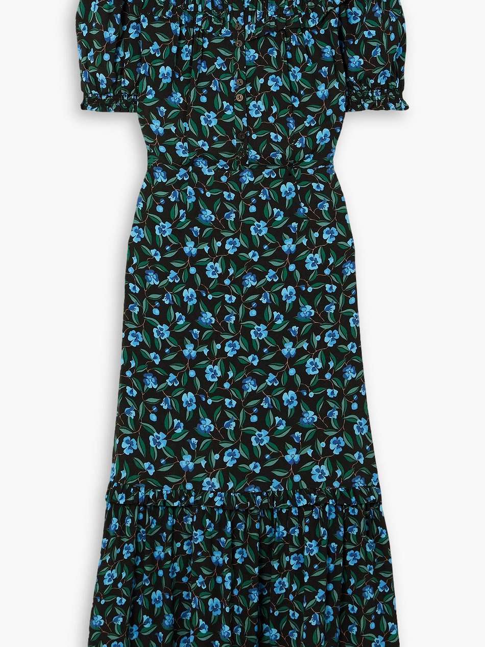 hermione tiered ruffled floral-print crepe midi dress