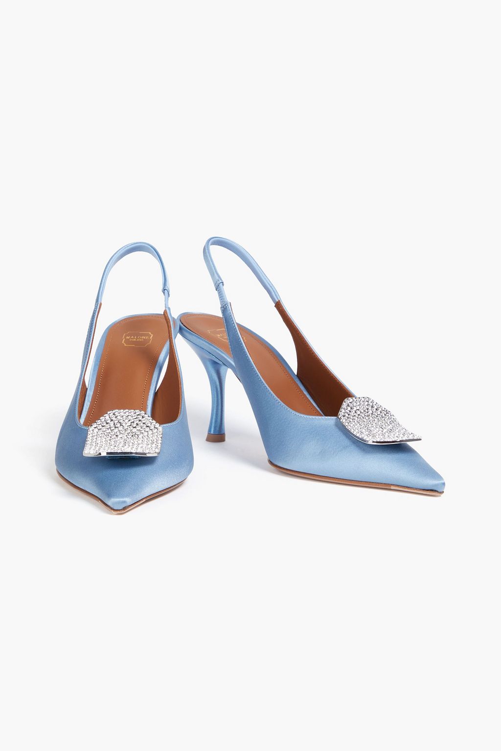 MALONE SOULIERS Vilma 70 crystal-embellished satin slingback pumps