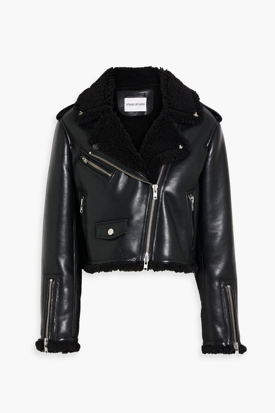 Stand Studio Lilia Cropped Faux Shearling Biker Jacket In Black