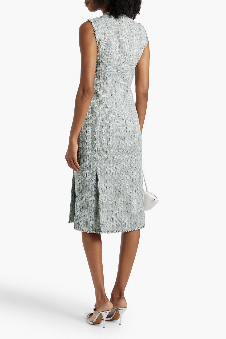 Thom Browne Frayed Metallic Tweed Midi Dress In Light Gray