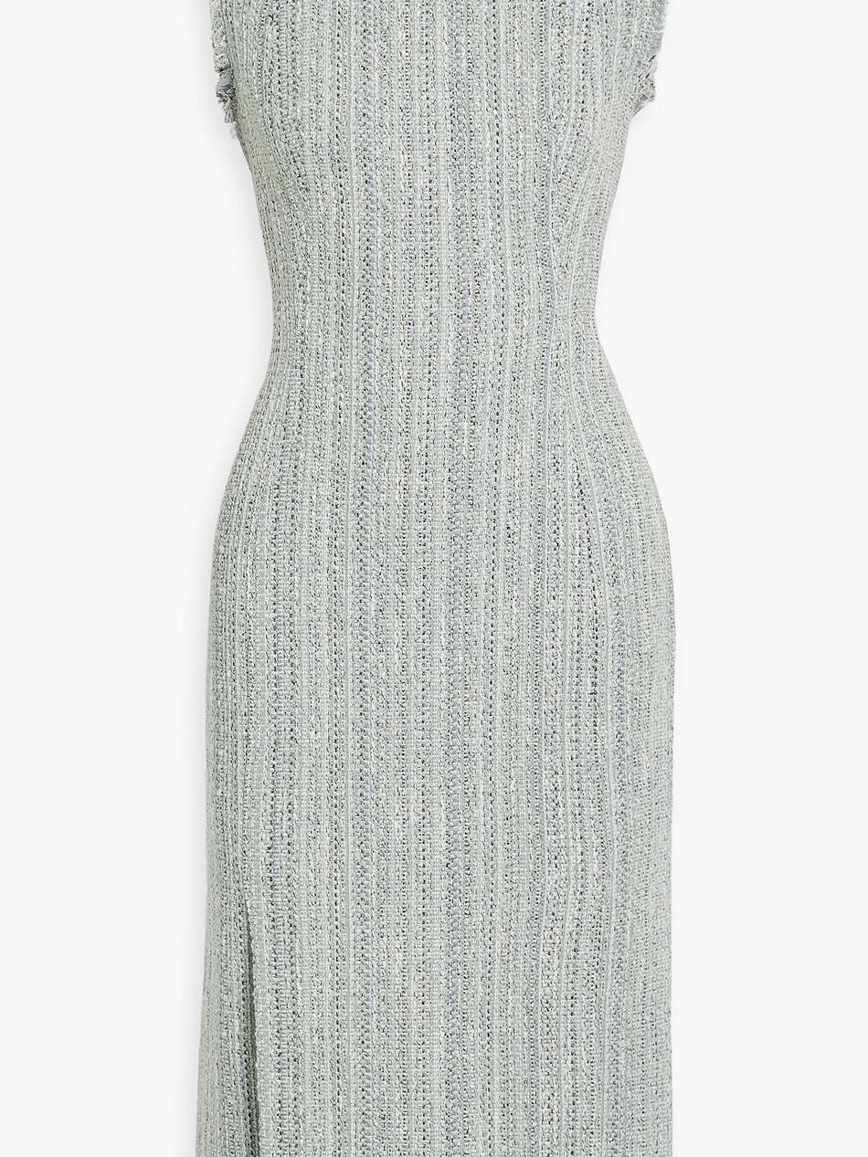 frayed metallic tweed midi dress