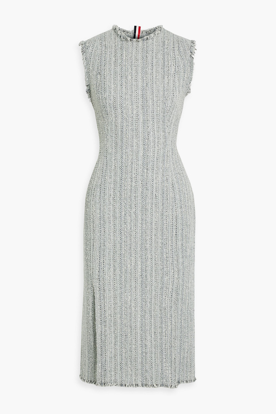 Thom Browne Frayed Metallic Tweed Midi Dress In Light Gray