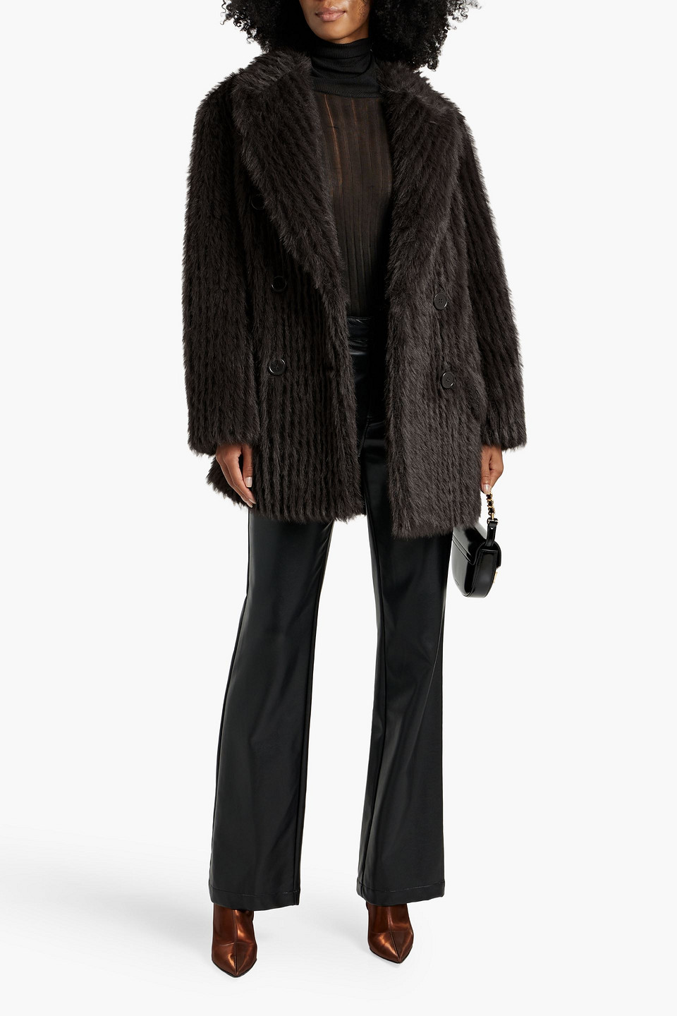 Stand Studio Zenni Double-breasted Faux Fur Coat In Dark Brown