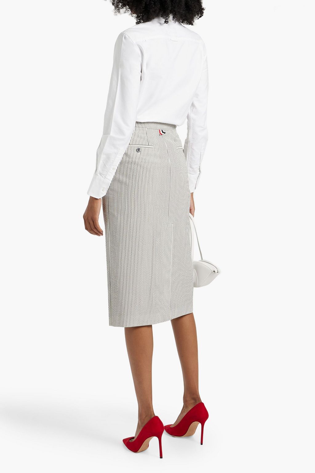 THOM BROWNE Striped wool-seersucker midi pencil skirt