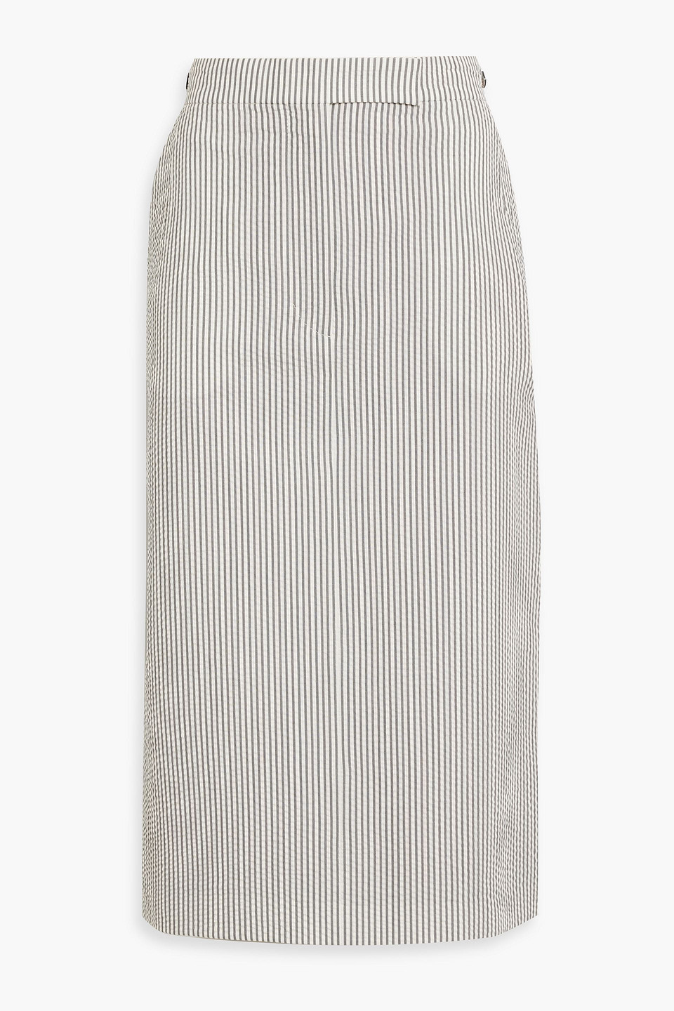 Thom Browne Striped Wool-seersucker Midi Pencil Skirt In Light Gray