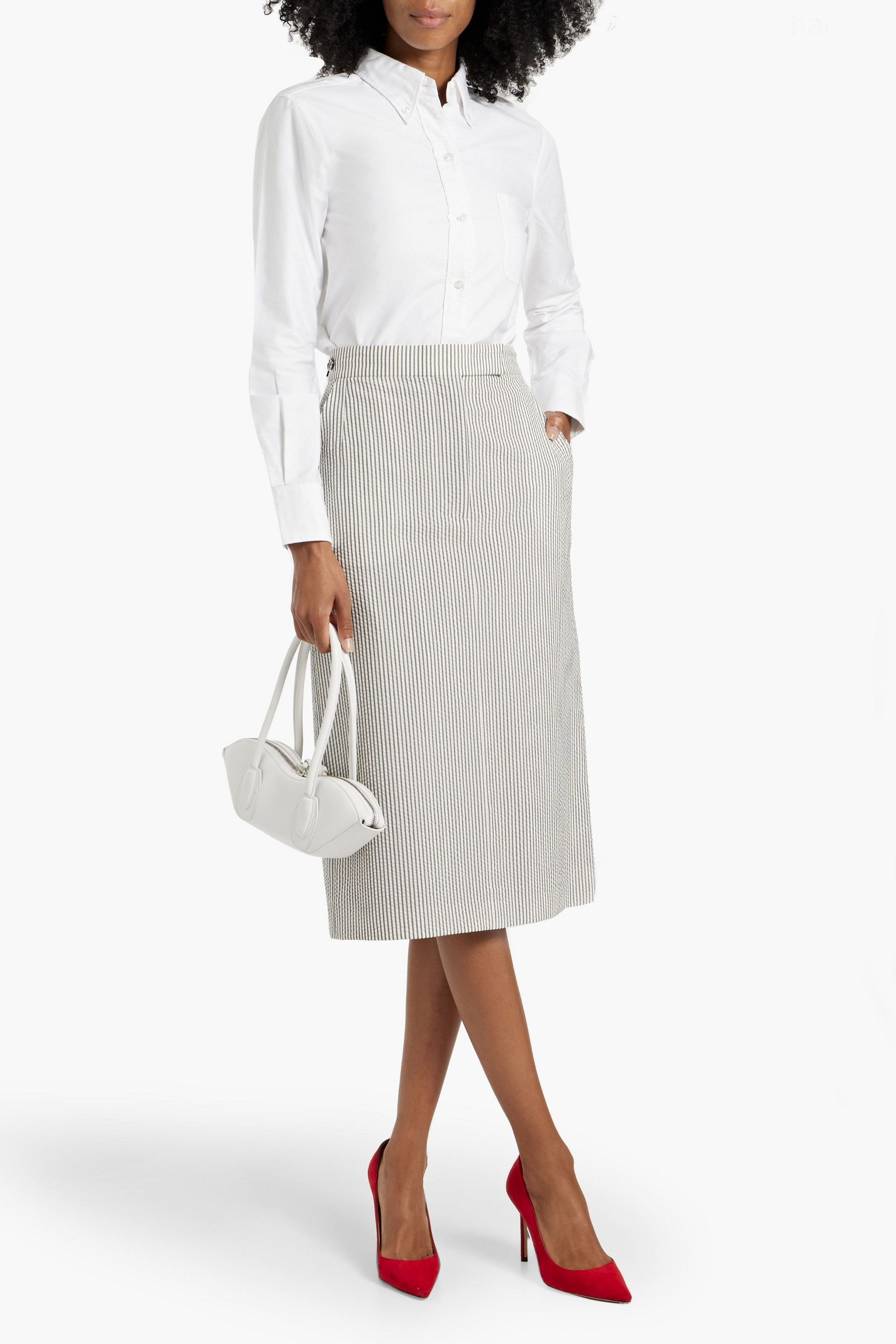 Thom Browne Striped wool-seersucker midi pencil skirt