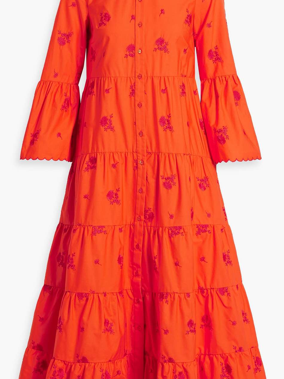 tiered embroidered cotton-poplin midi shirt dress