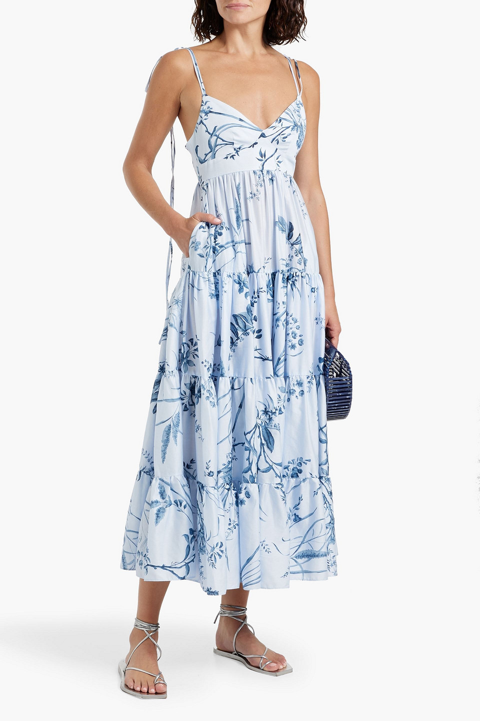 Shop Erdem Tiered Floral-print Cotton-poplin Midi Dress In Light Blue