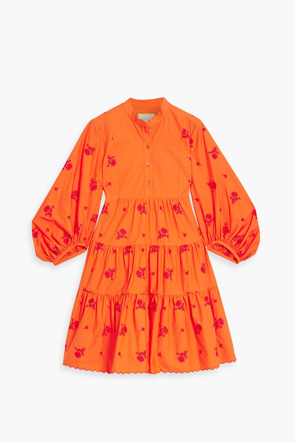 Erdem Tiered Embroidered Cotton-poplin Mini Shirt Dress In Orange