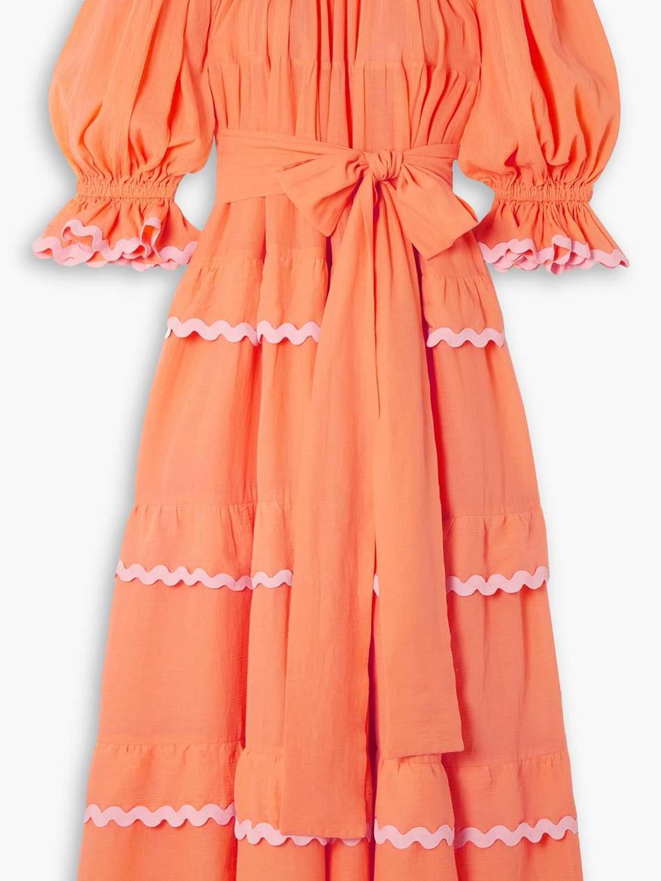 amorgos belted ric rack-trimmed cotton-voile maxi dress