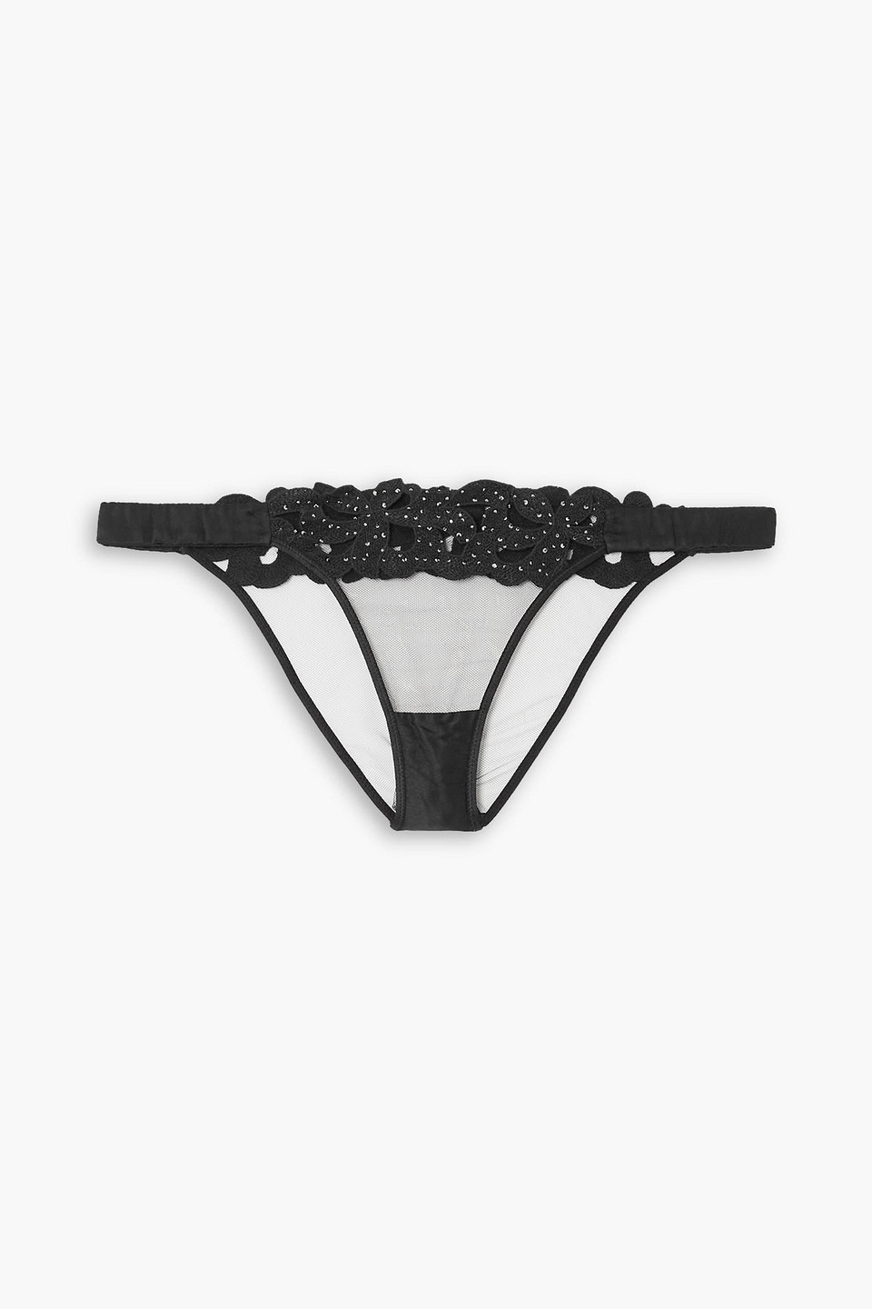 Angelinna crystal-embellished guipure lace and satin-trimmed tulle briefs
