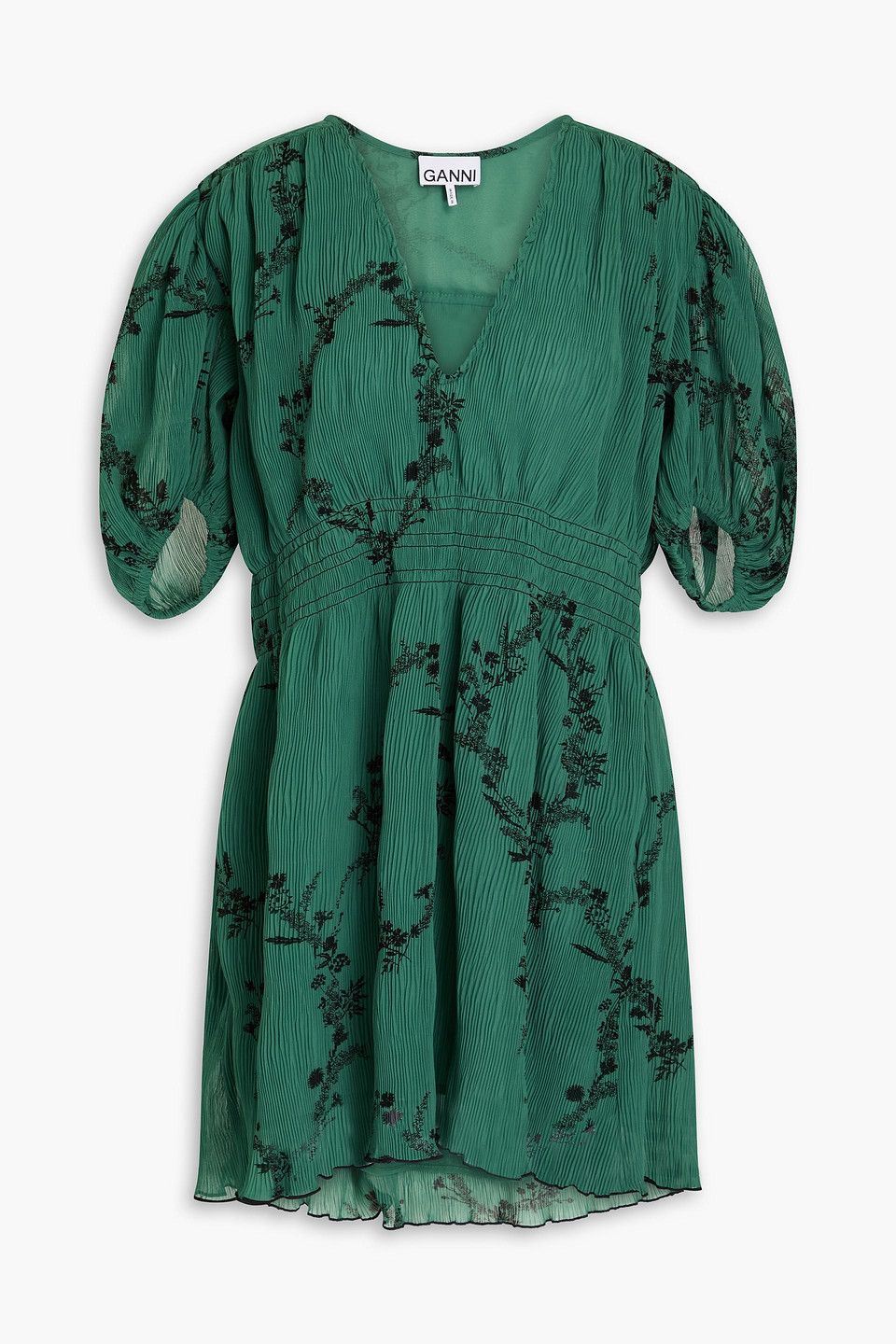 Ganni Floral-print Plissé-georgette Mini Dress In Leaf Green