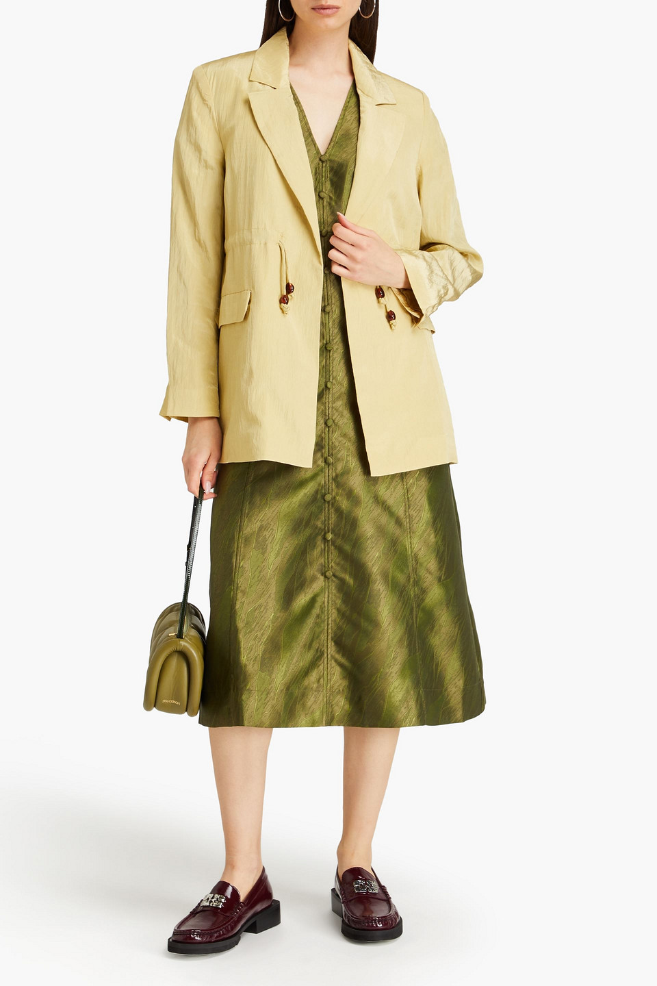 Ganni Bead-embellished Crinkled Taffeta Blazer In Chartreuse