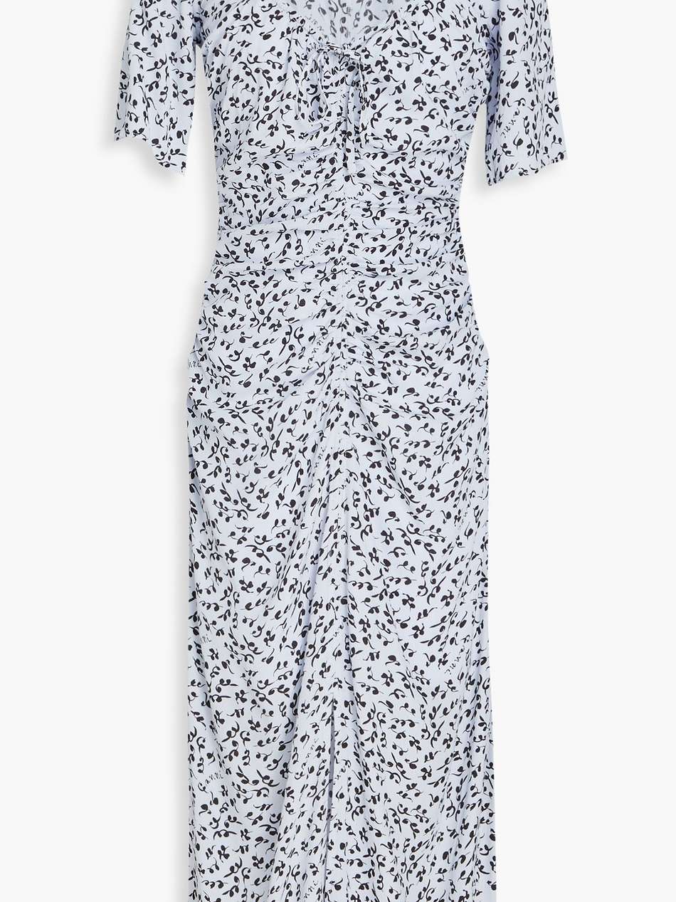 ruched printed crepe midi dress
