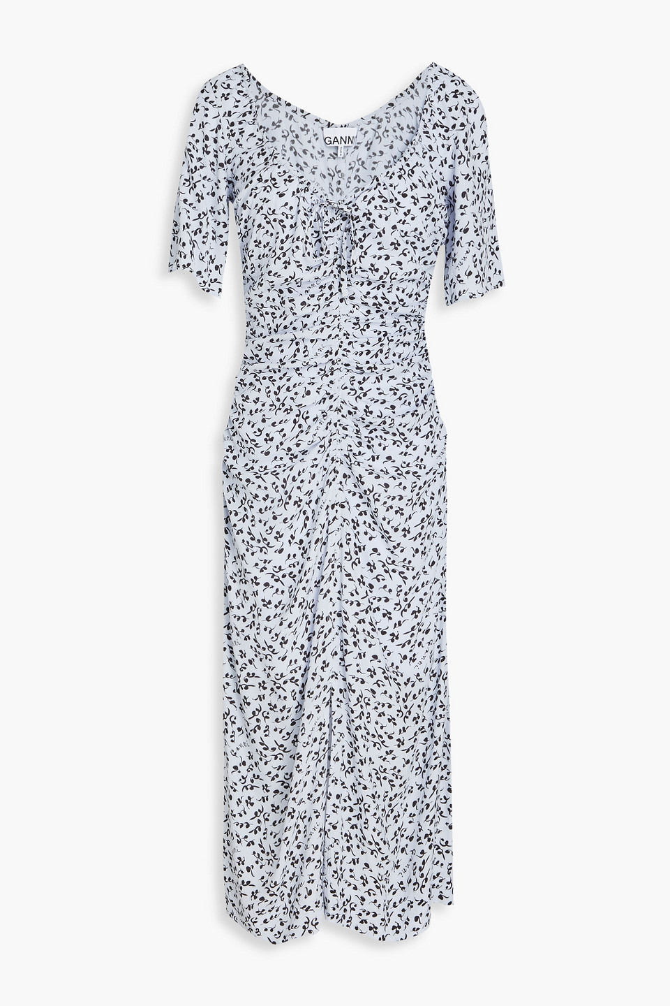 Ganni Ruched Printed Crepe Midi Dress In Light Blue