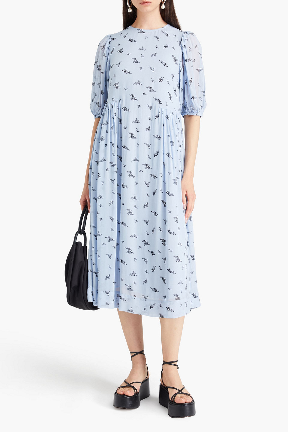 Ganni Floral-print Georgette Midi Dress In Light Blue