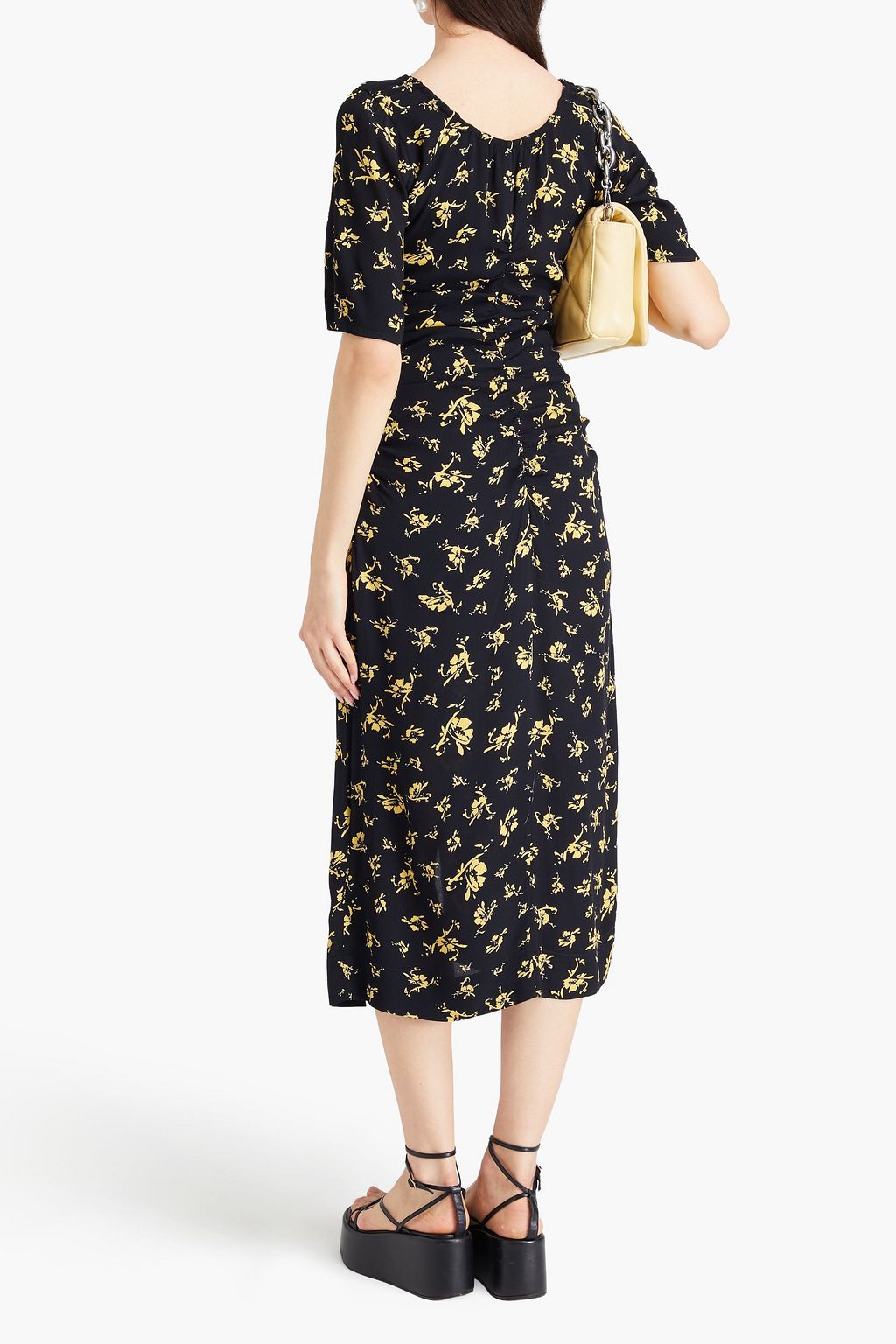 GANNI クレープ ミディワンピース ルーシュ入り フローラルプリント
