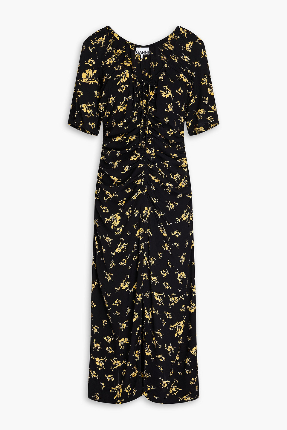 Ganni Short Sleeve Printed Crepe U-neck Midi Dress