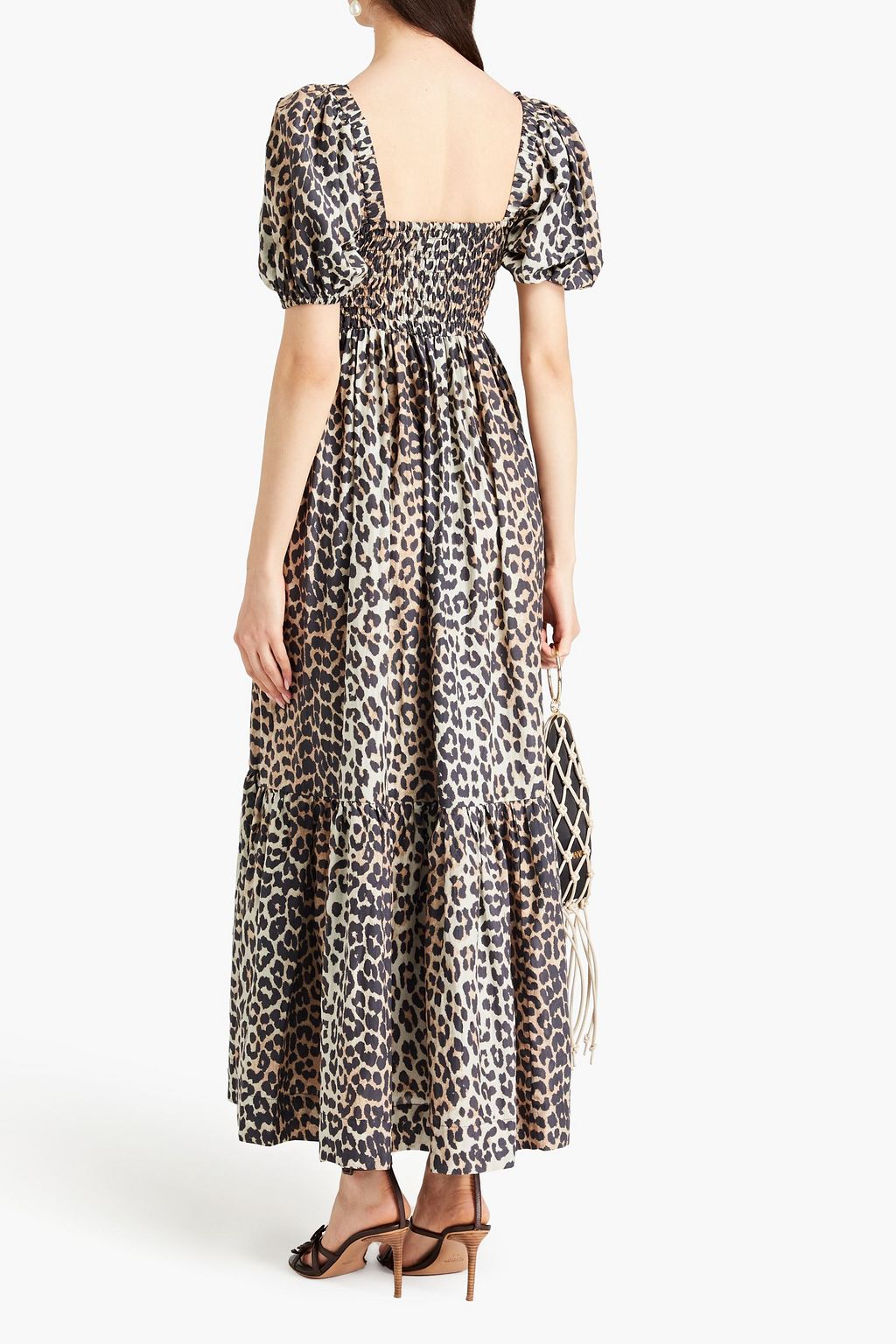 GANNI Maxikleid aus einer Baumwoll-Seidenmischung mit Leopardenprint und Raffung