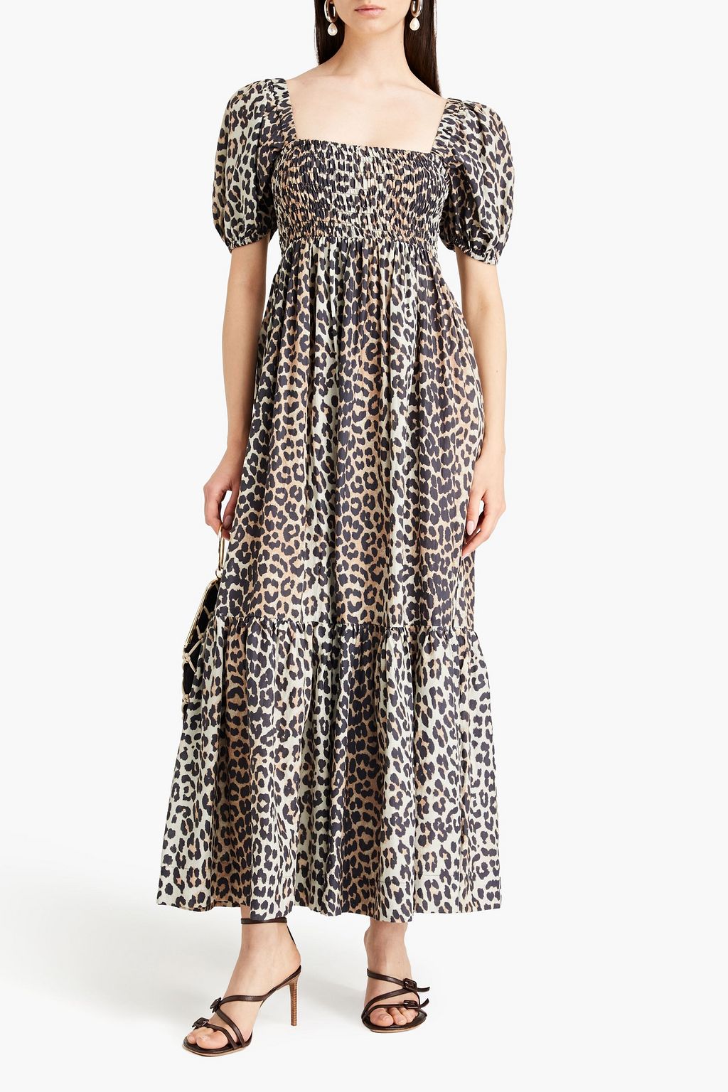 GANNI Maxikleid aus einer Baumwoll-Seidenmischung mit Leopardenprint und Raffung