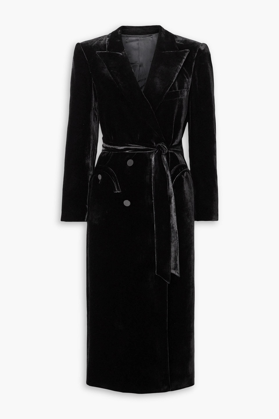 BLAZÉ MILANO AFTERGLOW DOUBLE-BREASTED BELTED VELVET MIDI DRESS