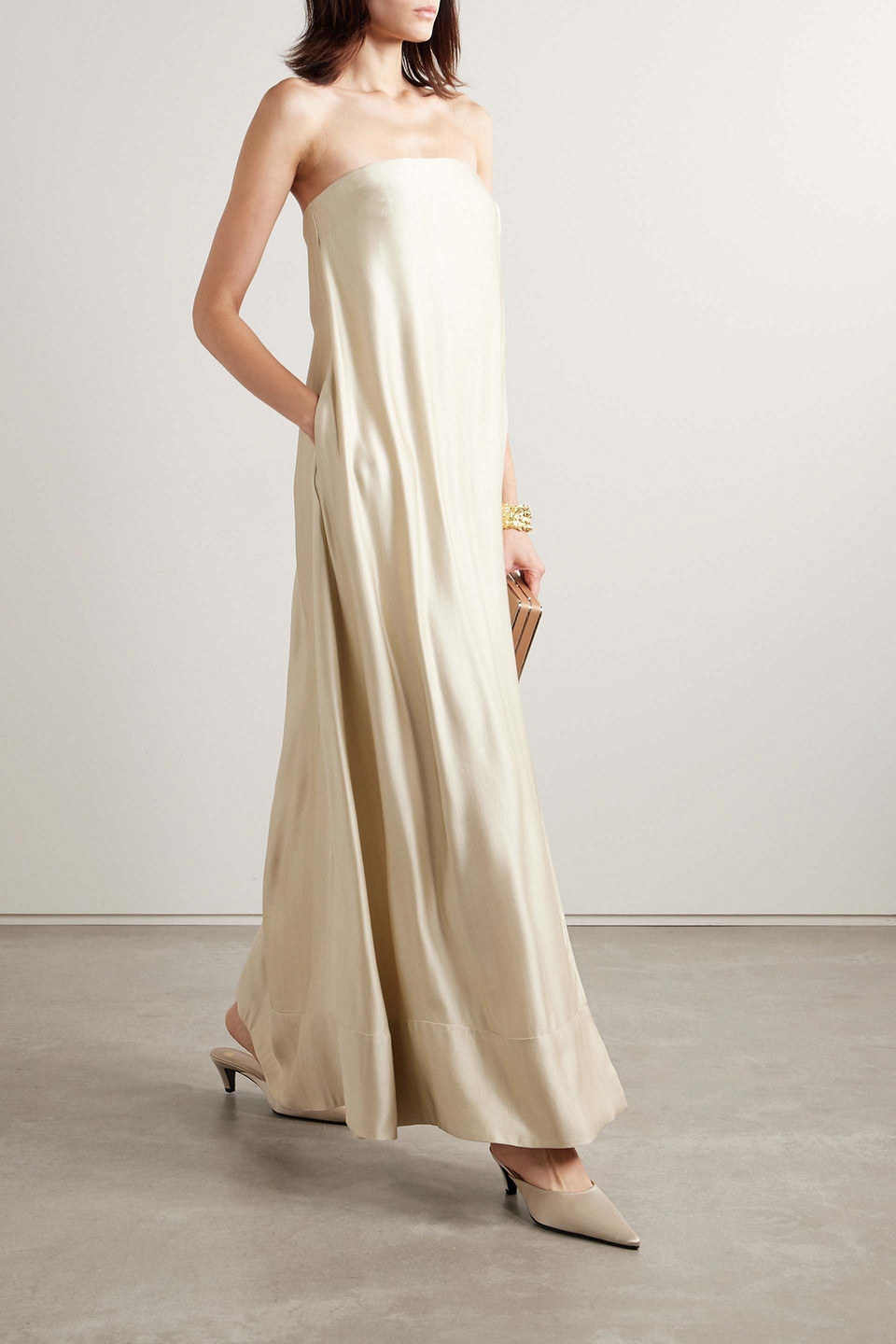 Esse Studios Oude Strapless Satin-crepe Wrap-effect Maxi Dress In Stone