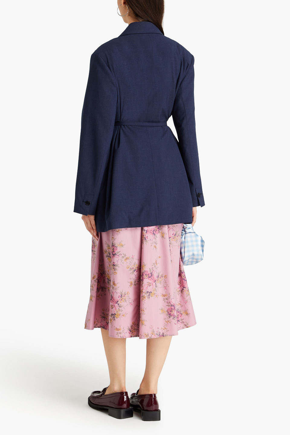 Ganni Belted Mélange Woven Blazer In Navy